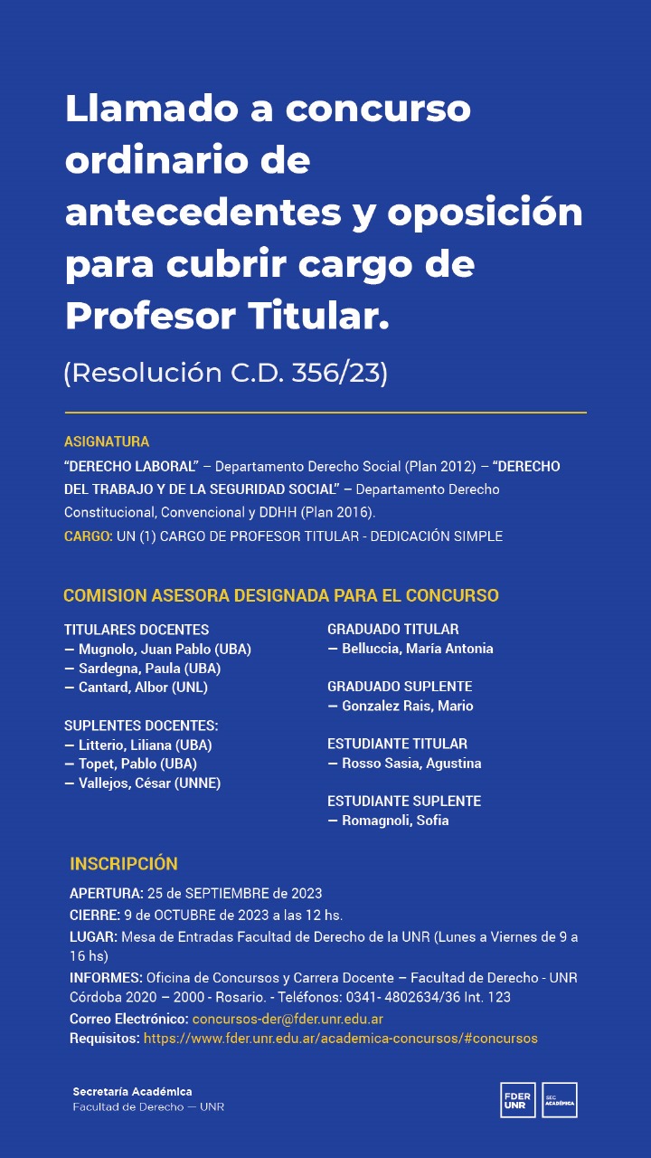 LLAMADO A CONCURSO ORDINARIO DE ANTECEDENTES Y OPOSICIÓN PARA CUBRIR CARGO DE PROFESOR TITULAR