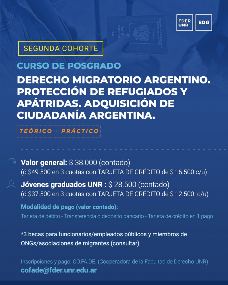 CURSO DE POSGRADO DERECHO MIGRATORIO ARGENTINO, PROTECCION DE REFUGIADOS Y APATRIDAS. ADQUISISION DE CIUDADANIA ARGENTINA - inicio 11/10/2023